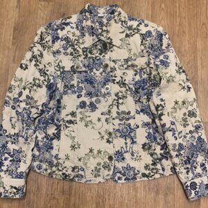 Christopher & Banks Corduroy Flowers Jacket Beige Black Shoulder Pads Lined Sz S